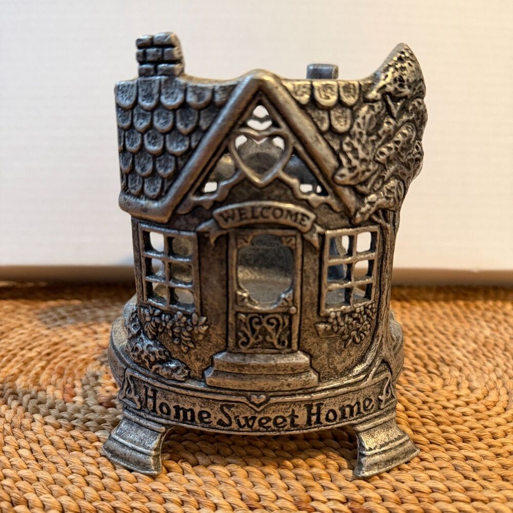 Vintage 1996 Carson Home Sweet Home Cottage Pewter Tone Candle Holder 5.5"
